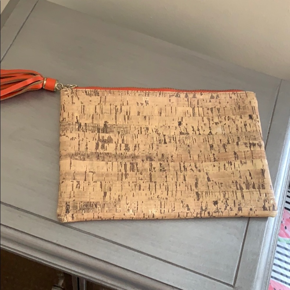 Cork zipper clutch orange tassel pull Mary Kay